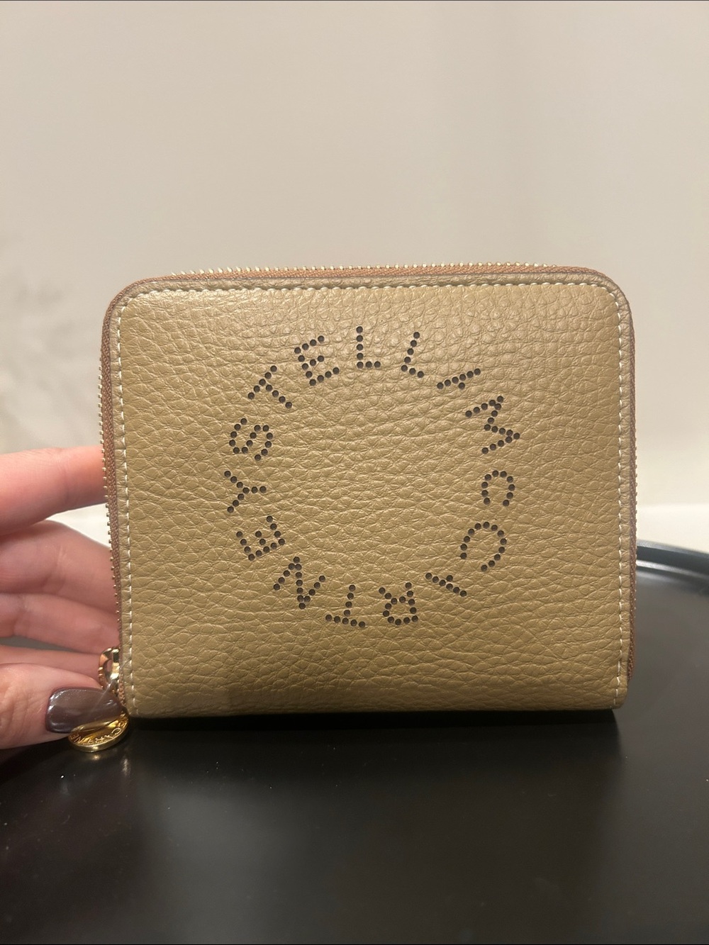 Stella McCartney Beige Tan Perforated Logo Zip Wallet